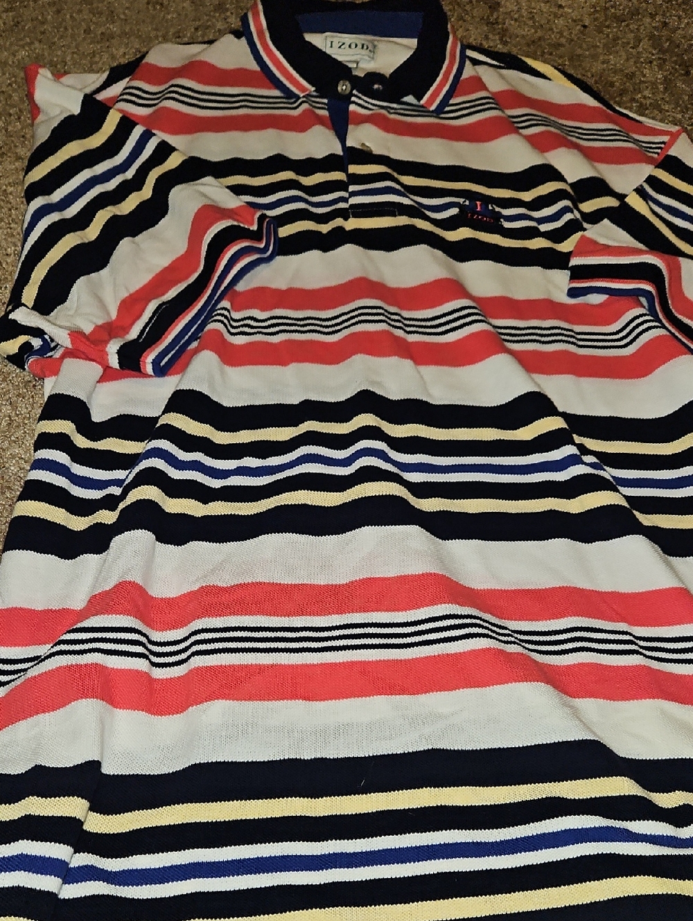 Izod Coral, Navy & White Striped Polo
